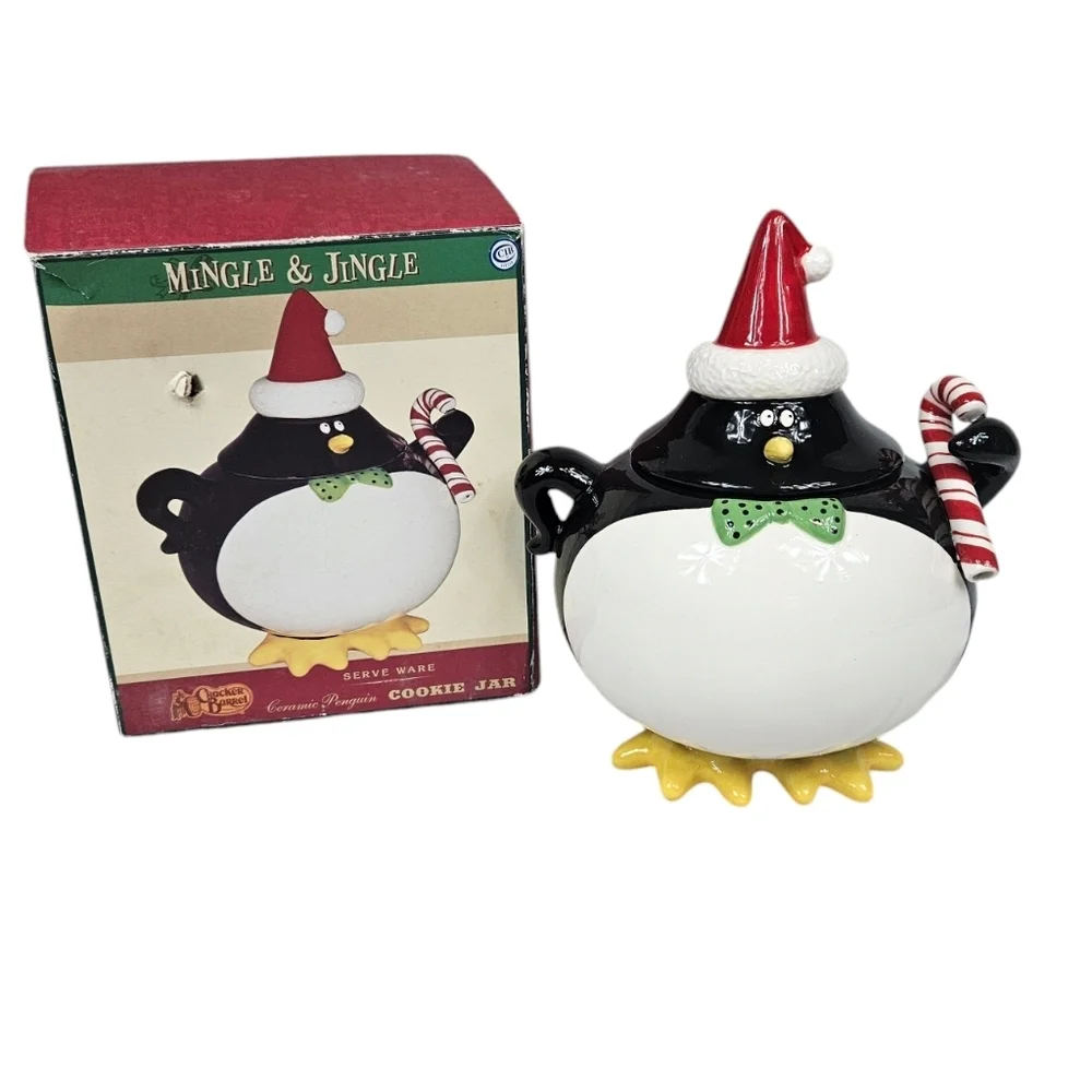 Cracker Barrel Mingle & Jingle Christmas Penguin‎ Cookie Jar in Box